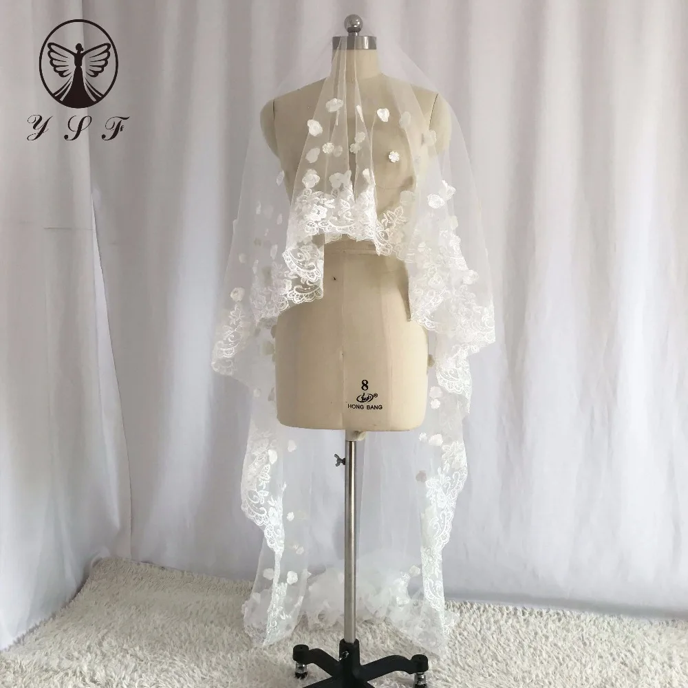 YSF Customized Wedding Veil 3 Meters Length Appliqued Lace Trim Flowers Long Bride Veil