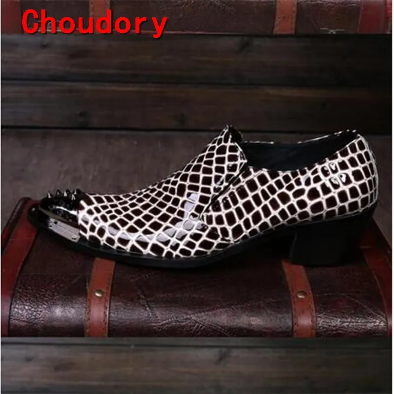 

Choudory Men Dress Shoes Leather Italian Men Party Oxfords Metal Pointed Toe Studded High Quality Dark Blue Men Formal Shoes