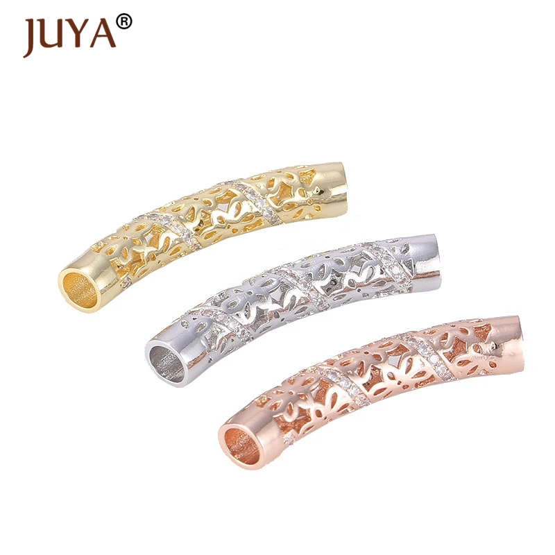 Kupfer Micro Pave Zirkon Hohle Blume Muster Gebogene Lange Röhre Perlen Für Schmuck Machen Diy Armbänder Halsketten Handwerk