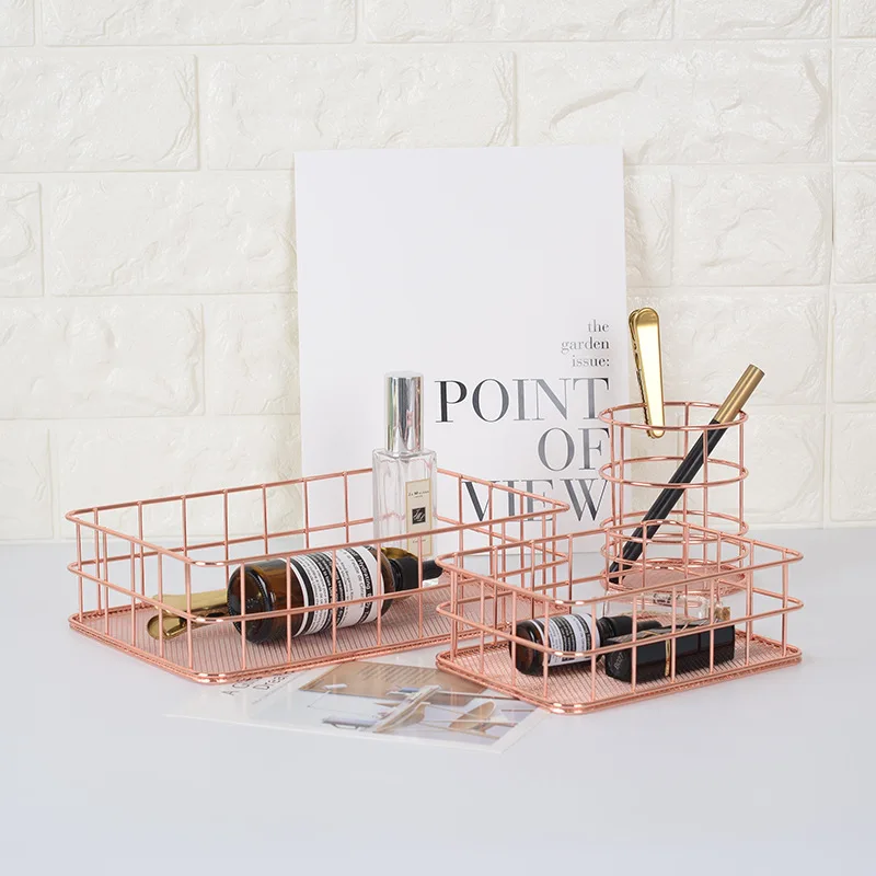 Copper Storage Basket Cosmetic Organizer Rose Gold Makeup Brushes Holder Metal Wire Toiletry Collection Baskets Bathroom Shelves