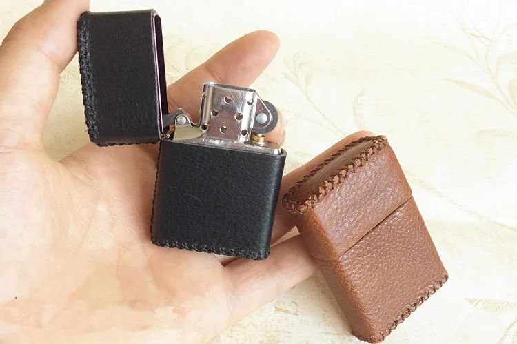 Pure leather hand - stitched Cigarette Lighter Holder Bag for flat Zippo Lighter Case Lighters leather sheath   no lighter