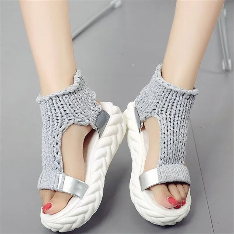 Knitted Elastic Mesh Platform sandals 2019 Summer shoes women Fashion Open toe flat sandals Sweet Hollow Slip-On female shoes