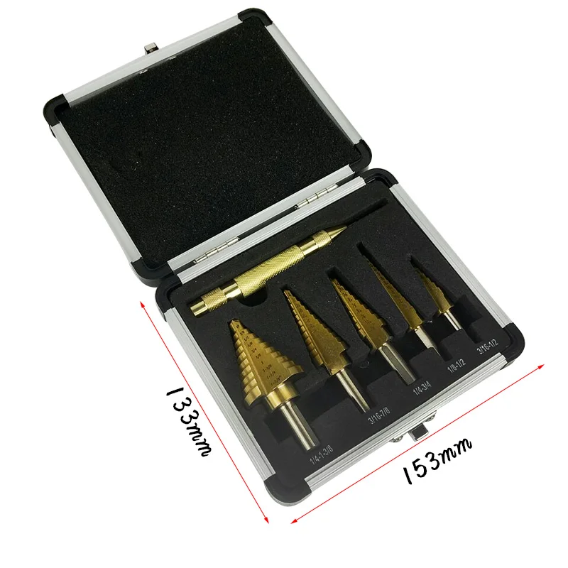 

HSS 4241 5pcs Stepped drill with English-made trough Pagoda drill Stair Drill Belt Center Punching Set NO.B1378