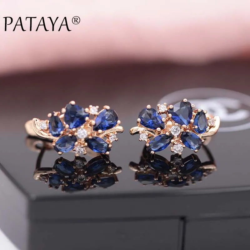 PATAYA Multi-Colored Blue Natural Zirconia Short Earrings 585 Rose Gold Color Exclusive Design Jewelry Women Luxury Earrings