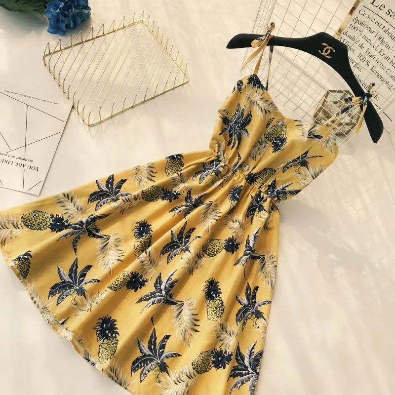 ALPHALMODA-Boho Print Strap Dress for Women, Bohemian Pineapple impresso, linha A, curto, vocação, praia, verão, 2018