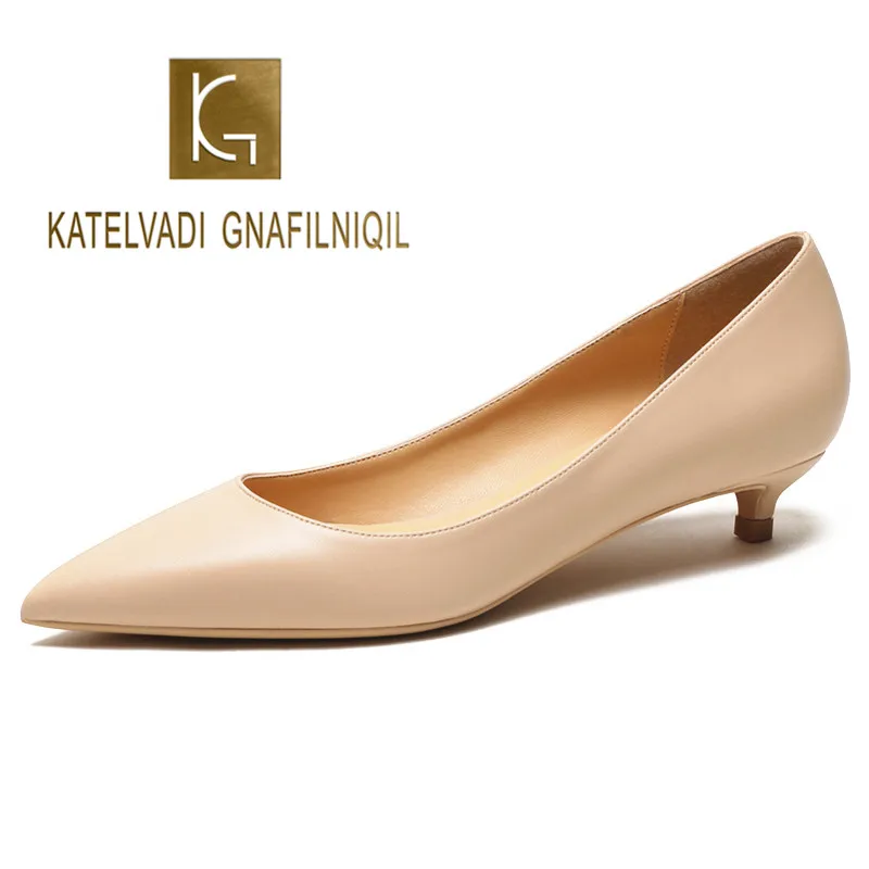 

KATELVADI 3CM Low Heels Shoes Women Four Seasons Split Leather Ladies Shallow Work Shoes Beige Office Shoes K-361