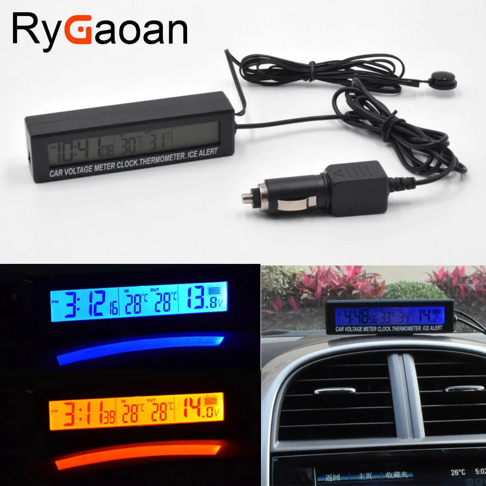 RyGaoan 3in1 12V Digital LCD Screen Car Battery Voltage Meter Clock Outdoor/Indoor Car Thermometer Ice Alert Alarm Hourly Chime