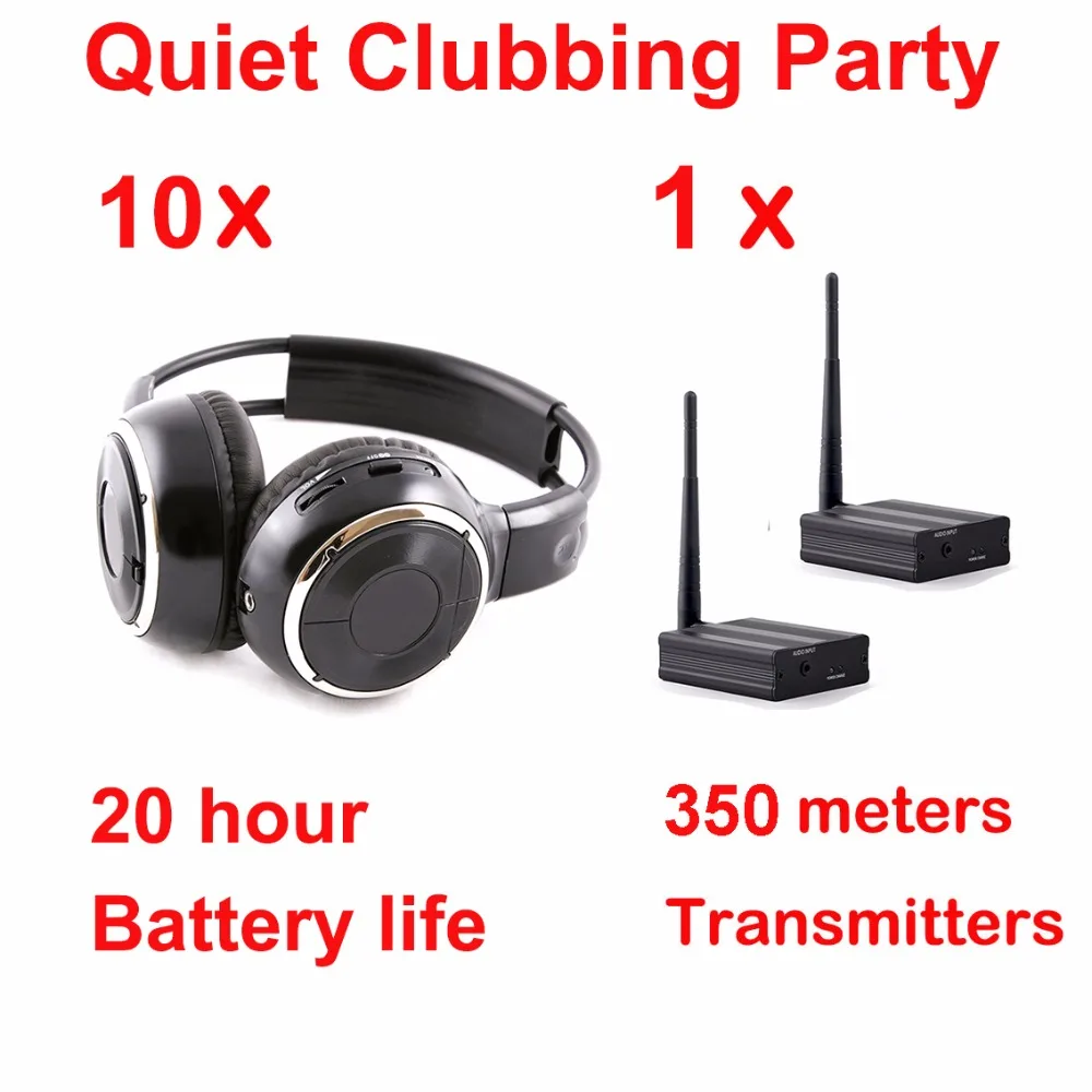 

Professional 500m Silent Disco Folding Wireless Headphones - Quiet Clubbing Party Bundle 10 Earphones + 1 Transmitter)