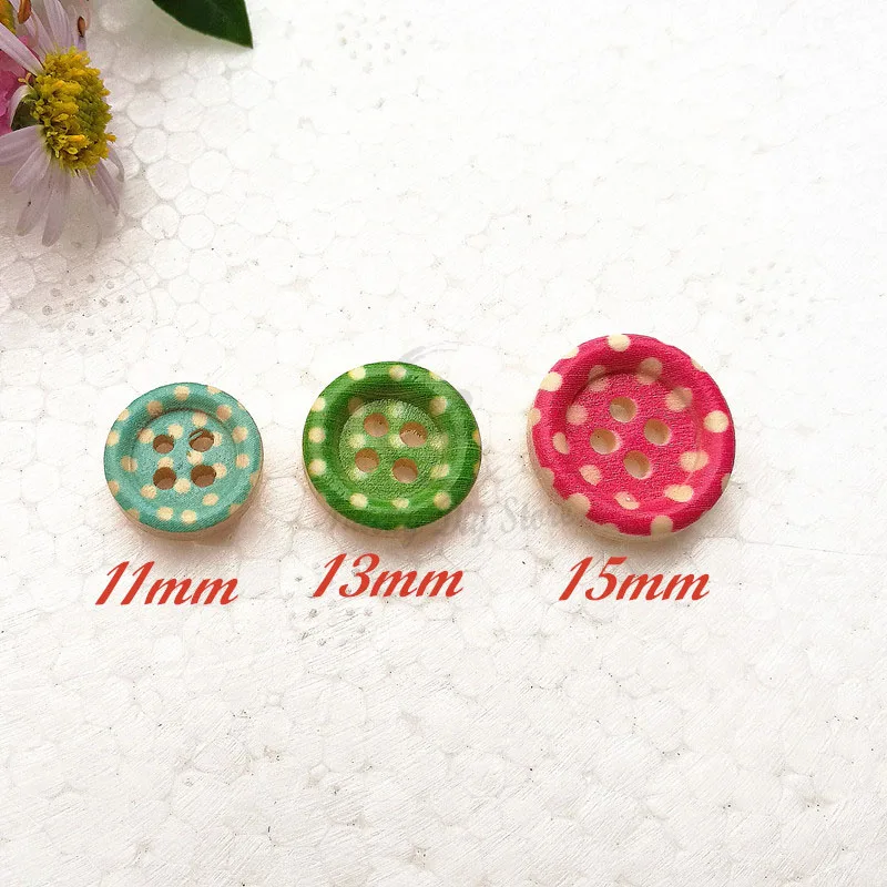 100pcs / 72pcs 15mm / 13mm / 11mm 4 holes mixed color Polka dot wood decorative buttons kid\'s scrapbook craft sewing supplies
