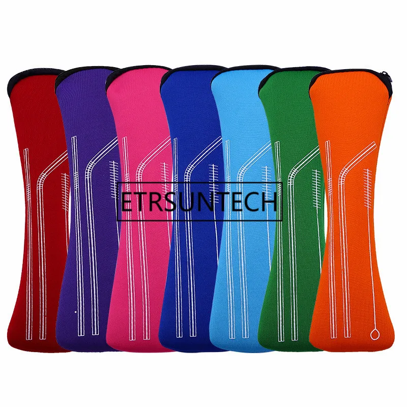 

100pcs Portable Stainless Steel Metal Straw Neoprene Bag with zipper Reusable Drinking Straw Bag Travel Camping Storage Bag