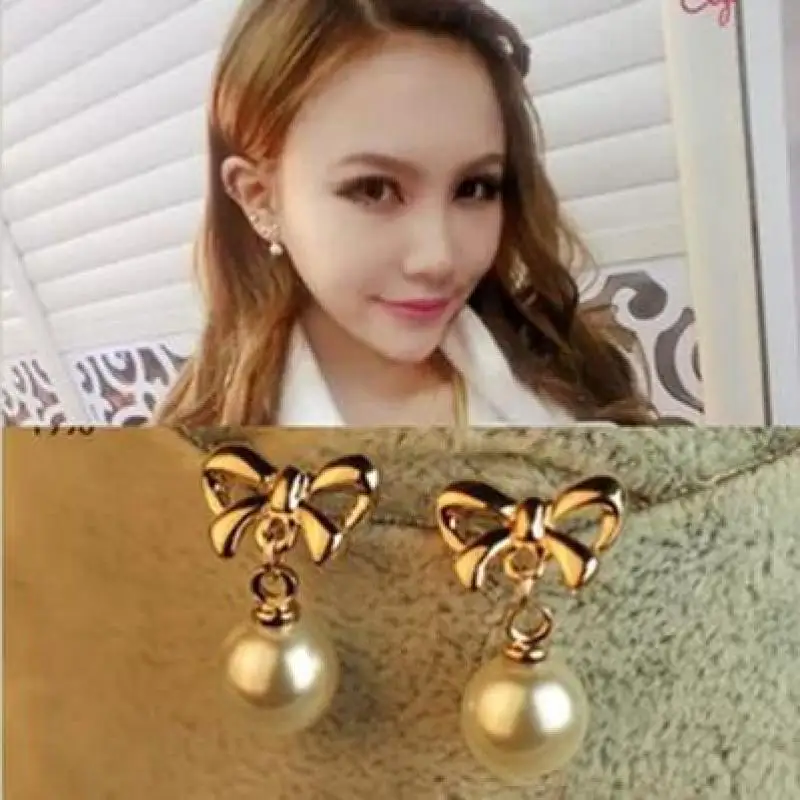 New Korean Version Of The Earrings Gold Bow Pendant Pearl Earrings Jewelry Brincos Boucle D\'oreille Pendante Femme Pendientes