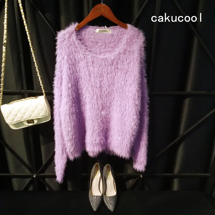 Cakucool Sequine Sweaters Women Hairy Mohair Round Neck Thick Jumper Slim Korean Shiny Sweater Knit Pullover Tops Femme 13colors