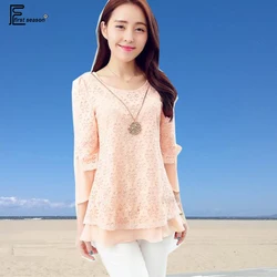 2019 Tunic Tops Cute Pink Lace Blouse Shirts Patchwork Women Summer Elegant Back Bow Tops Hollow Out Pink Floral Lace Blouse