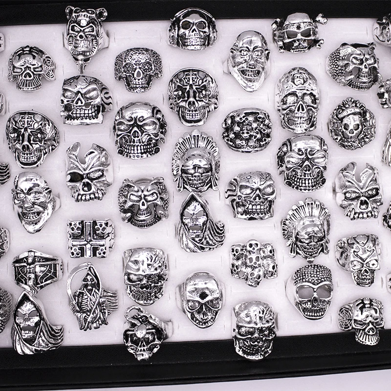 Mix 12 Pcs/lot Skull Ring Jewelry Wholesale Fashion Silver Color Statement Punk Big Skeleton Rings Men