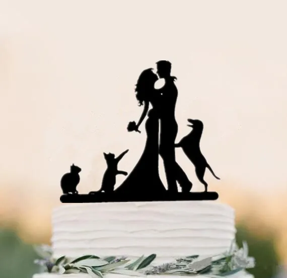 Mixed Style Black Acrylic Bride and Groom Silhouette with Pet Dog Cat Mr & Mrs Toppers for Wedding Cake Decorating Accessory