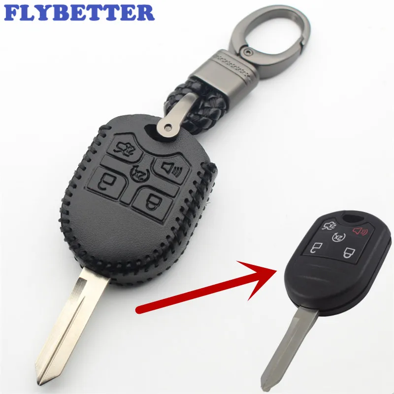 FLYBETTER Genuine Leather KeyChain 5Button Remote Key Case Cover For Ford Explorer/Edge/Escape/Ranger/E150/F350/F550/E250 L352