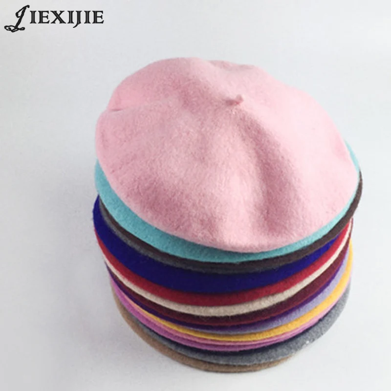 100% wool beret painter cap baked wheat cake cap warm girl High Quality Women Beret Warm Female Bonnet Hats Solid Color Winter