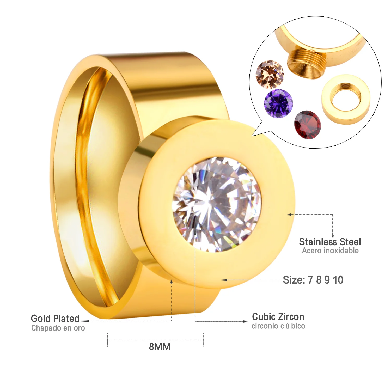 LUXUSTEEL zircon ring anillo inoxidable mujer Golden Round Finger Ring Party Wholesale Engagement Rings Stone Can Be Changed