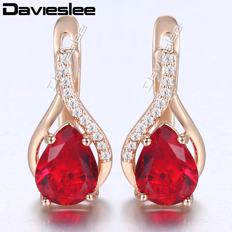 Davieslee 585 Rose Gold Color Earrings Water Shaped Red Stone Paved Clear CZ For Women Stud Earrings Fashion Jewelry LGE175