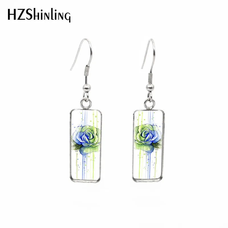 2019 New Red Rose Rectangular Earring Flowers Art Fish Hook Earring Romantic Ear Rings Hand Craft Glass Jewelry