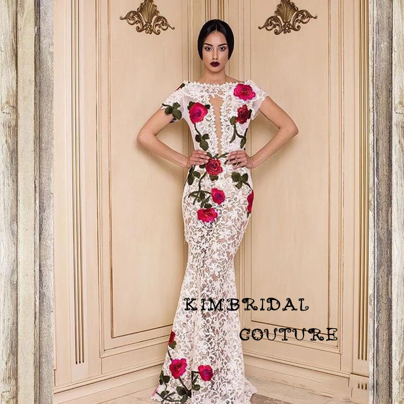 Vestidos de Fiesta Abendkleider Bodenlangen Spitze Appliques Blumen Meerjungfrau Bateau Ausschnitt Meerjungfrau Weiß Prom Kleider Arabisch