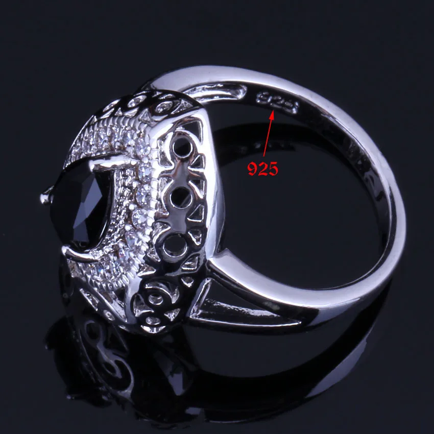 Water Drop Black Cubic Zirconia White CZ Silver Plated Jewelry Sets Earrings Pendant Nacklace Chain Ring V0316