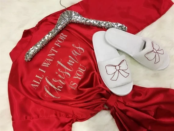 

personalize wedding bride pajamas kimono Robes, bridal sequin hanger & bridal slippers,Christmas lingerie bridesmaid robes gifts