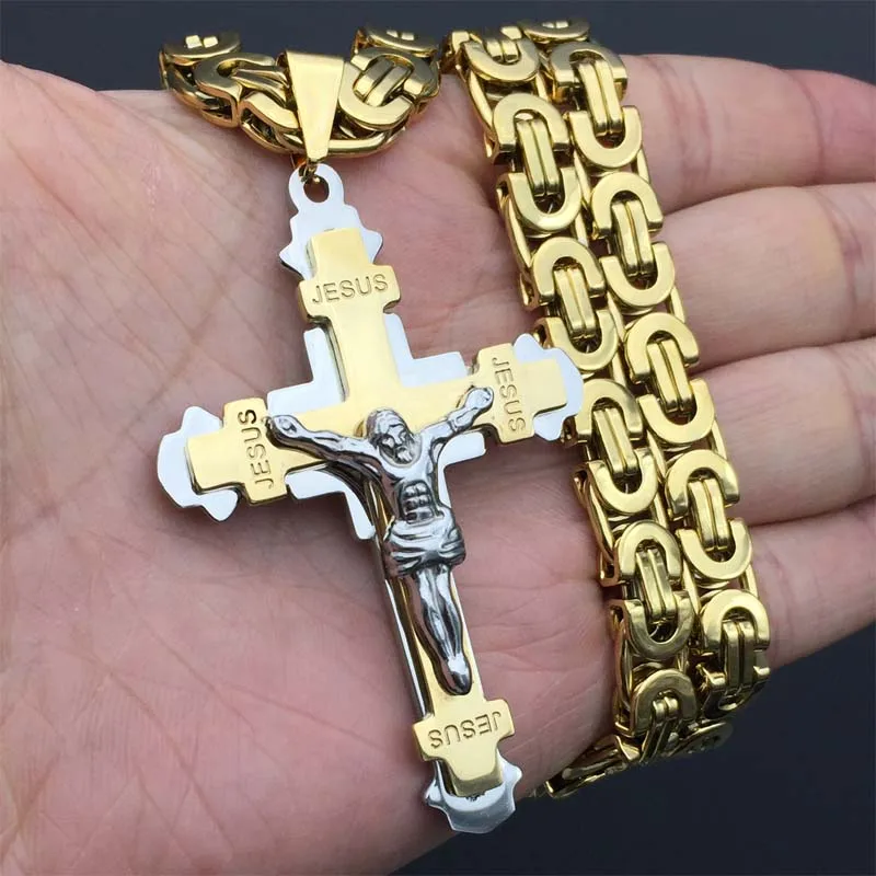 1pcs Exquisite Crucifix Jesus Cross Necklace Stainless Steel Christs Pendant Byzantine Chain Men Necklaces Jewelry Gifts 24''