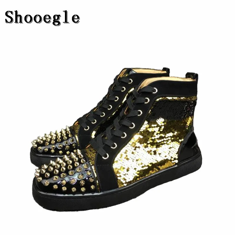 SHOOEGLE New Men Sequins Rivets Shoes Fashion Studs Mens Hightop Sneakers Espadrilles Lace-up Platform Flat Casual Shoes EU39-47