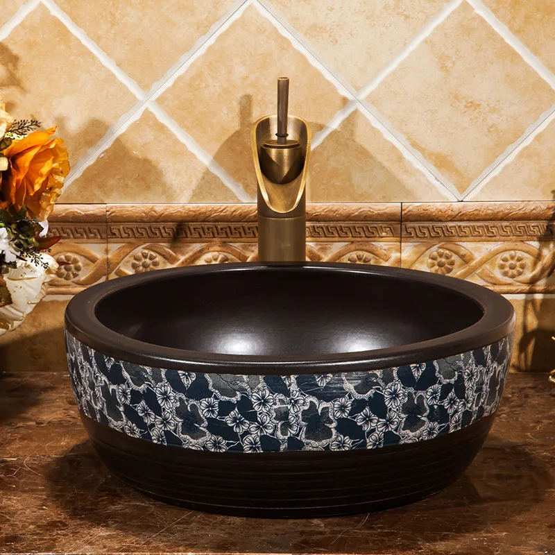 

Chinese washbasin Jingdezhen Art countertop porcelain black ceramic wash basin Bathroom sink