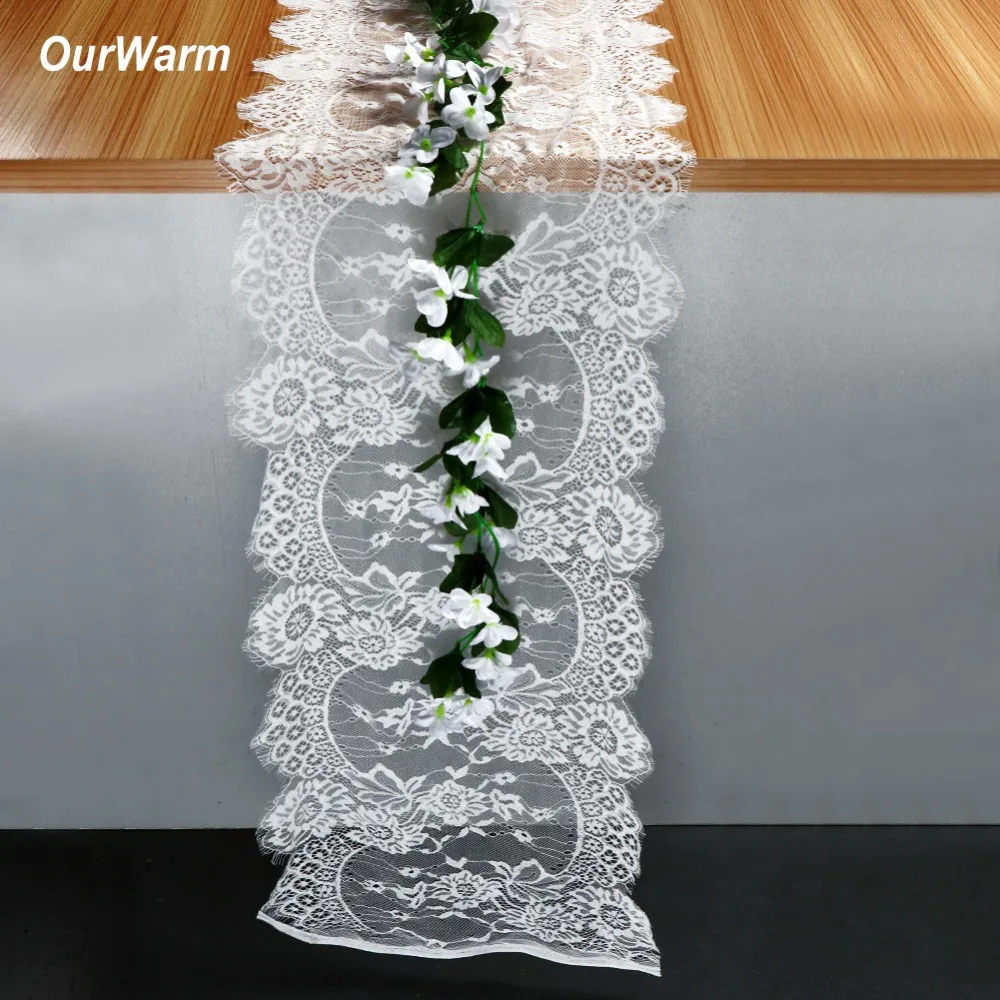 OurWarm 5Pcs 35X300CM White Lace Table Runner Fringe Edge Floral Table Runners for Boho Wedding Decoration Home Textile