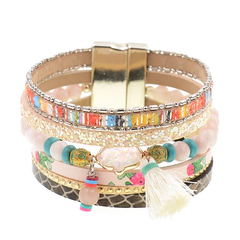WELLMORE bohemia bracelets for women Leather bracelet natural stone beaded bracelets fashion jewelry women bracelets wholesale