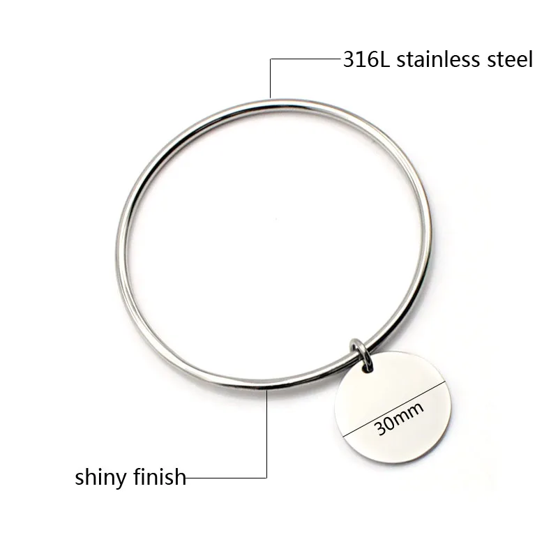 Hot Sale Stainless Steel Round Bangle Bracelets with Shiny Round Plain Charm for Women Fashion Jewelry