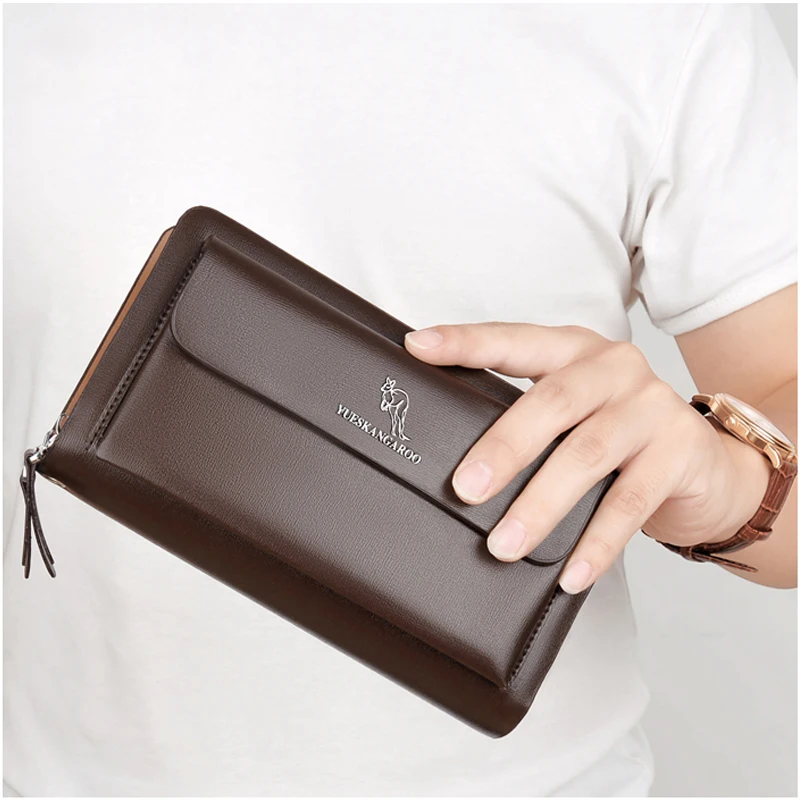 KANGAROO Brand Men Clutch Bag Fashion Leather Long Purse Double Zipper Business Wallet Black Brown Male Casual Handy Bag