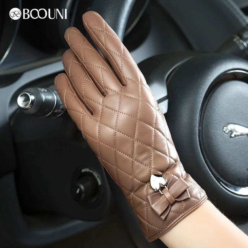 BOOUNI Genuine Leather Gloves Women Fashion Plaid Real Sheepskin Glove Winter Thicken Warm Five Finger Driving Gloves NW691