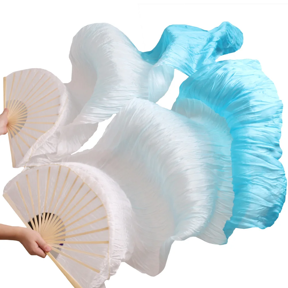 New Arrival 2018 High Quality 100% Real Silk Fabric Fans 1 Pair Handmade Women Silk Belly Dancing Fans White + Turquoise 180*90