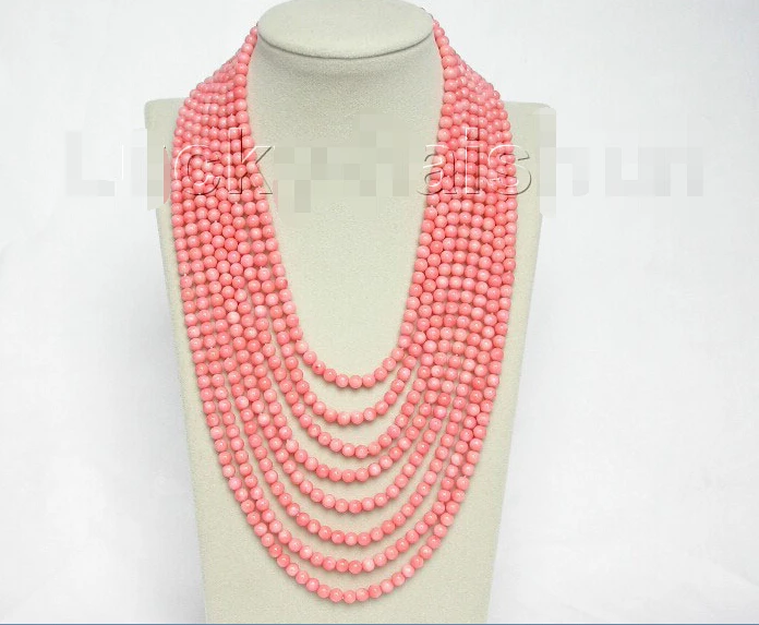 

women good TP354 U61 shipping Genuine 8row 17"-25" round pink coral beads necklace 925s clasp j8566 (A0430)