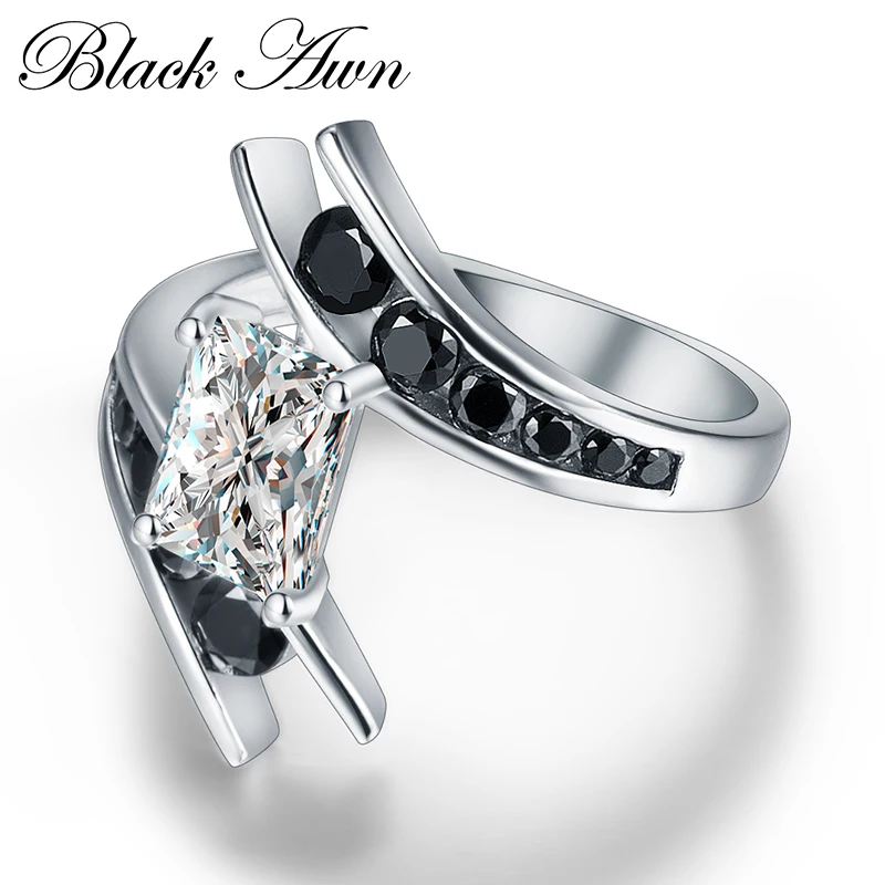 Black Awn 2026 New Jewelry Silver Color Row Black Stone Engagement Rings for Women Bague C299