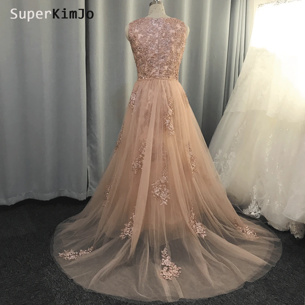 detachable prom dresses real picture sheer crew neckline lace appliques beading sequins pink evening dresses gowns