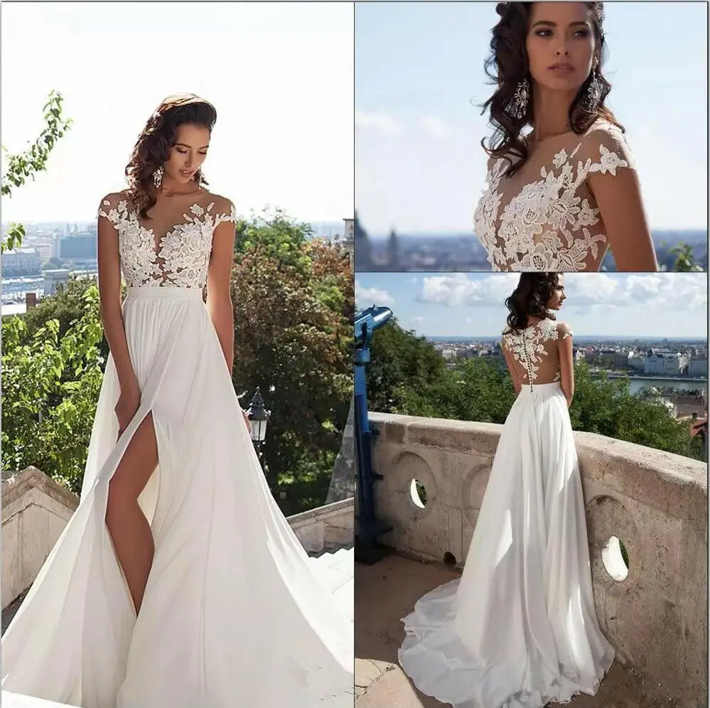 Praia 2017 Vestidos de Casamento EINE Linha Seite Slit Elegante Spitze Apliques Chiffon vestidos Plus Größe Hochzeit Vestidos de