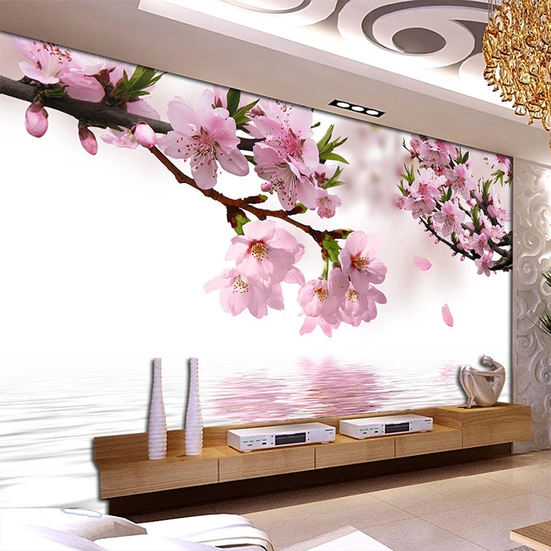 Romantic Peach Blossom Reflection Photo Mural Wallpaper Dining Room Living Room Home Decor Non-Woven Papel De Parede Floral 3D