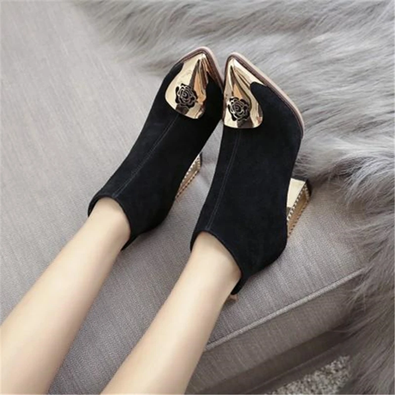 Pointed Toe Chelsea Boots Women High Heels Autumn Winter Shoes Woman Pumps Black Suede Botas Mujer Metal Designer Ankle Botines