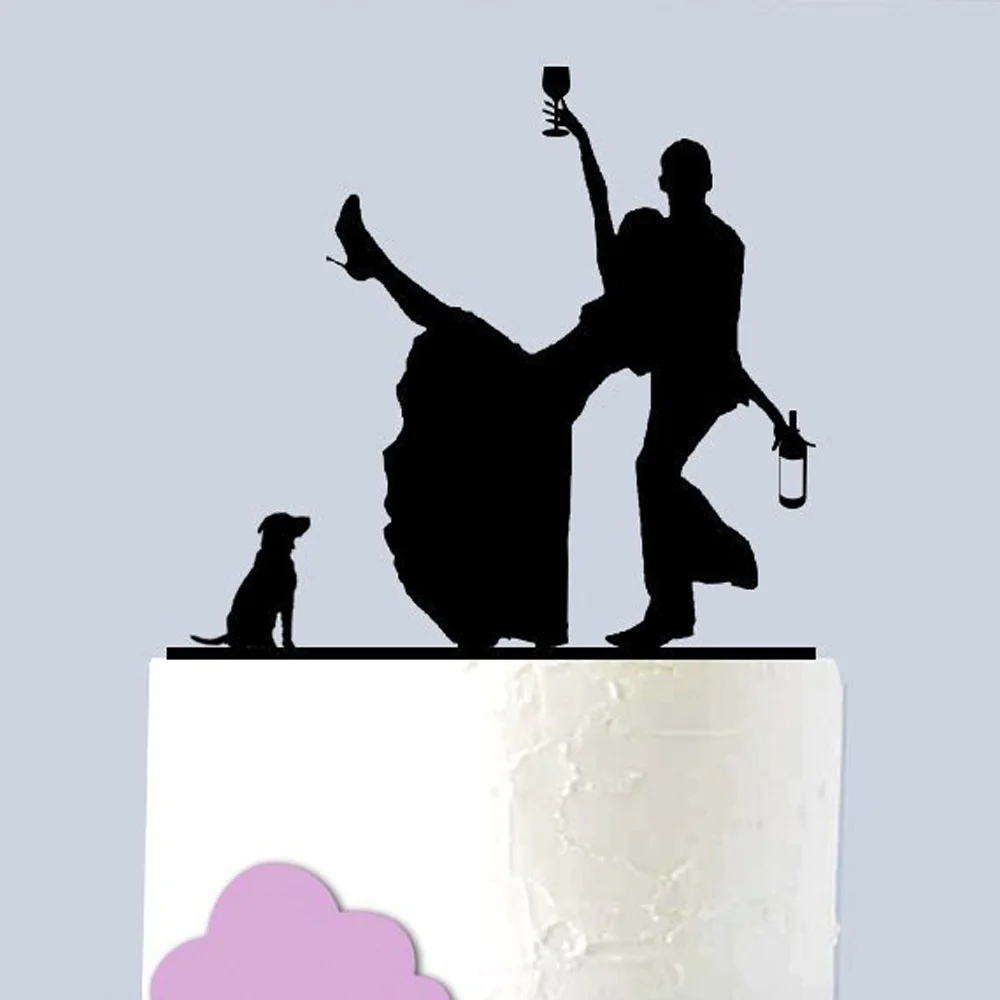 Funny wedding cake topper, Color Acrylic Drunk Couple with Dog Silhouette Cake Topper,Bride and Groom Wedding cake topper