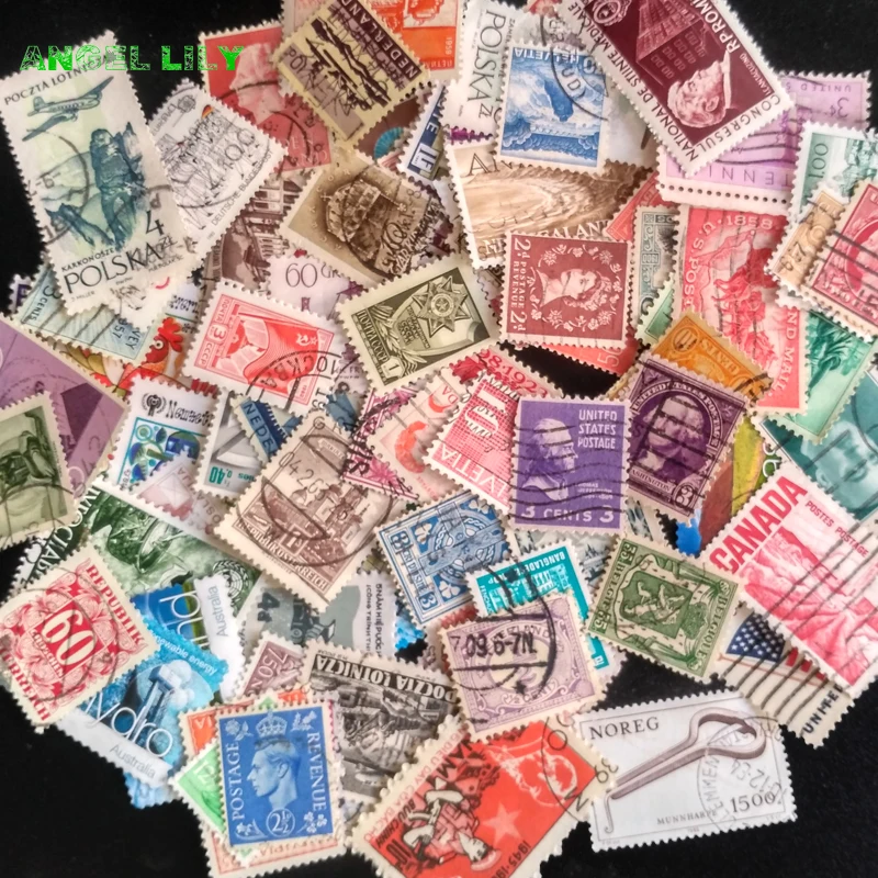 100 PCS/LOT All Different  Old / Vintage  Postage  Stamps Brand With Post  Mark , No repetition timbres stamps