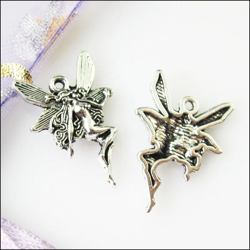 25Pcs Antiqued Silver Color Dancing Fairy Angel Wings Charms Pendants 15x21mm