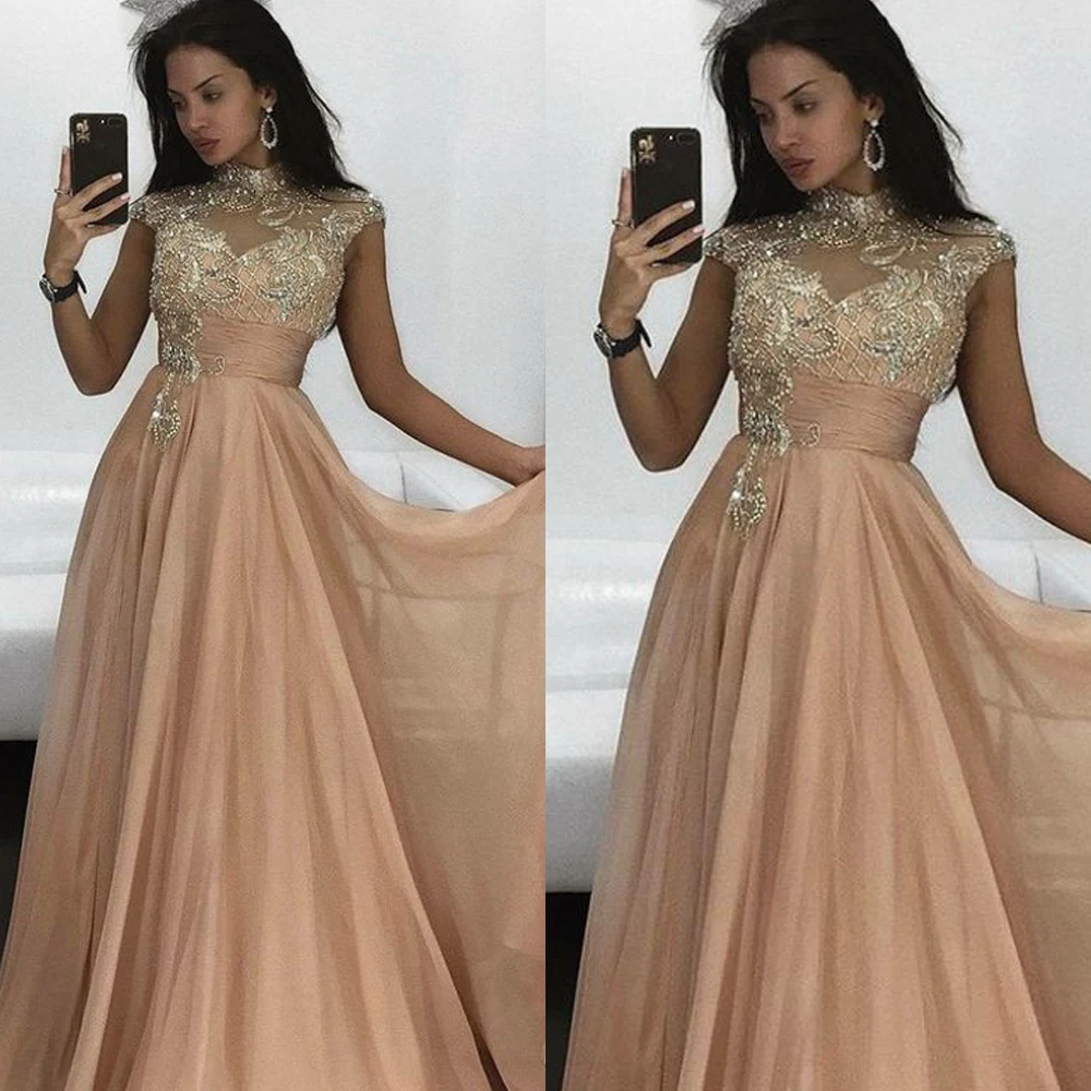 Prom kleider 2019 high neck kristall perlen eine linie tüll champagne abendkleider perlen