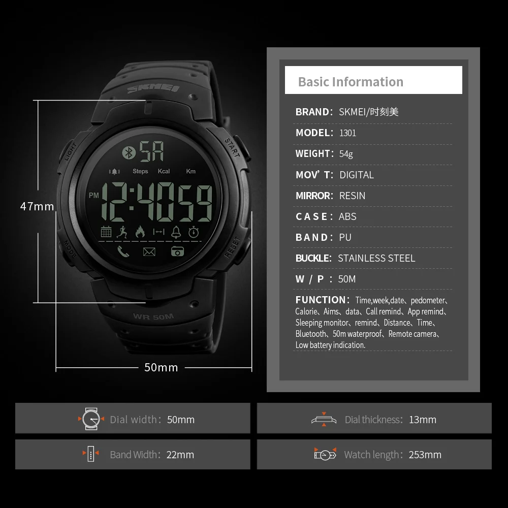 SKMEI Men Smartwatch Sport Digital Watches APP Remind Passometer Waterproof Smart Watch Bluetooth-compatible Reloj inteligente