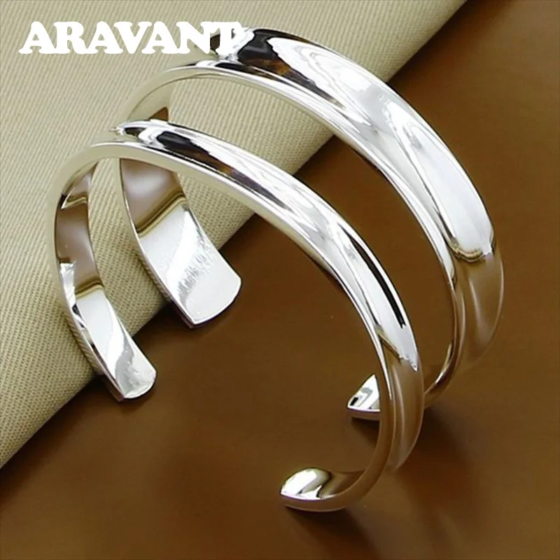 Aravant 925 Silver 2pcs Smooth Open Cuff Bracelets Bangles For Women Christmas Jewelry Set