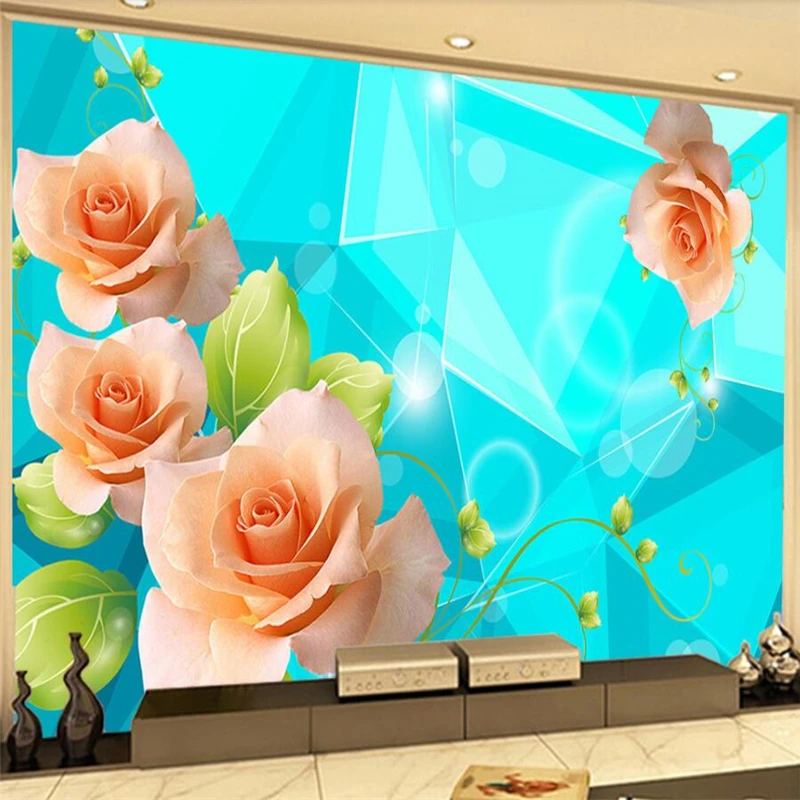 

wellyu Blue background romantic rose flowers living room wall custom large mural green wallpaper papel de parede para quarto