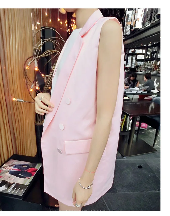 Pink Women Suit Vest Jacket Double Breasted Pockets Plus Size Waistcoat Sleeveless Blazer Coats